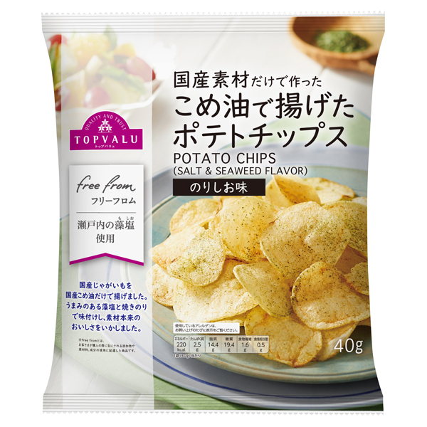 トップバリュ フリーフロム こめ油で揚げたポテトチップス のりしお味