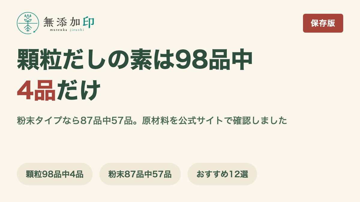 無添加だしの素 顆粒は98品中4品、粉末は87品中57品