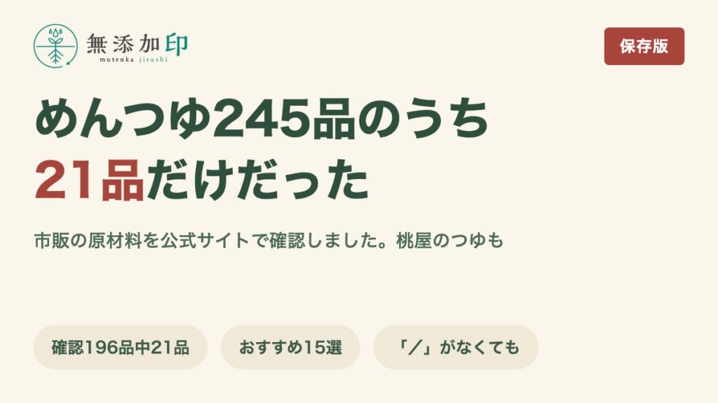 無添加めんつゆ 245品のうち基準を満たしたのは21品